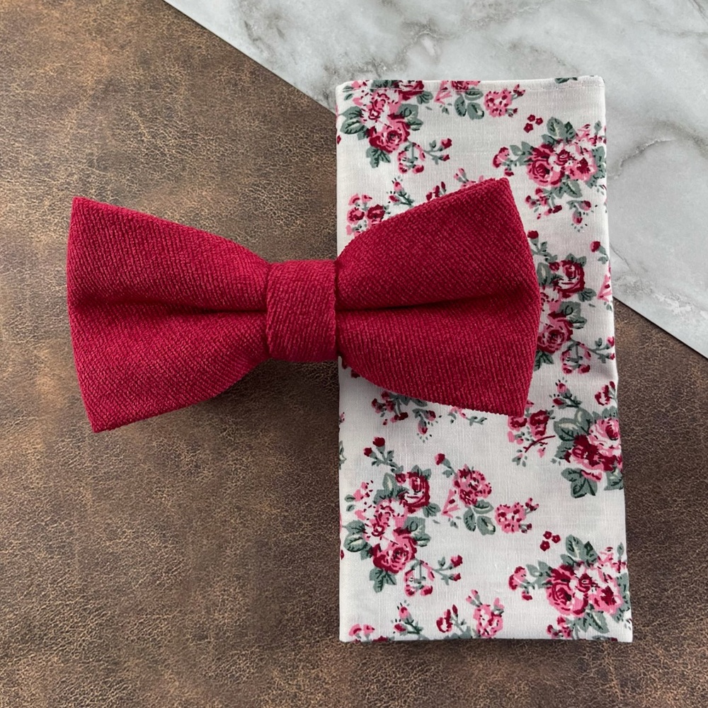 Men’s Apple Red Velour Bow Tie & White Vintage Style Floral Pocket Square Set